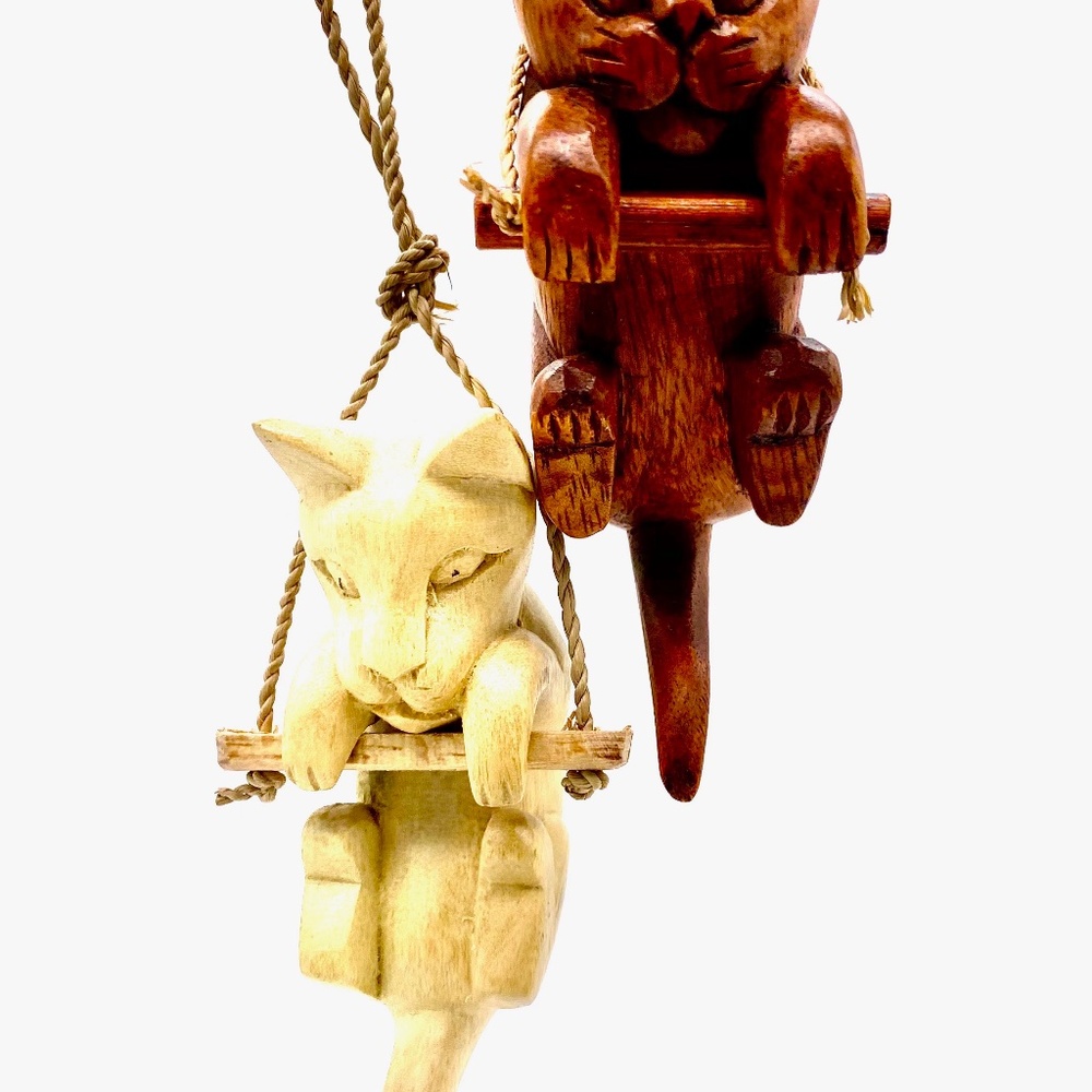 Hand Carved Hanging Cats On A Swing